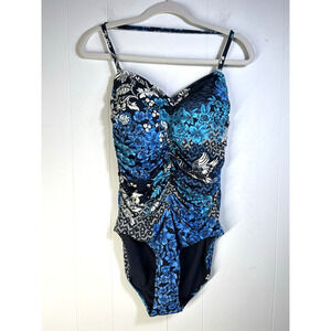 Johnny Was One Piece Blue Floral Ruched Sweetheart Swimsuit Size 1X New
